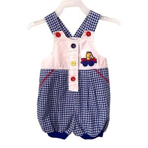 Vintage Small Steps Blue & White Checkered Kids Overalls with Bear Size 6/9 Mos